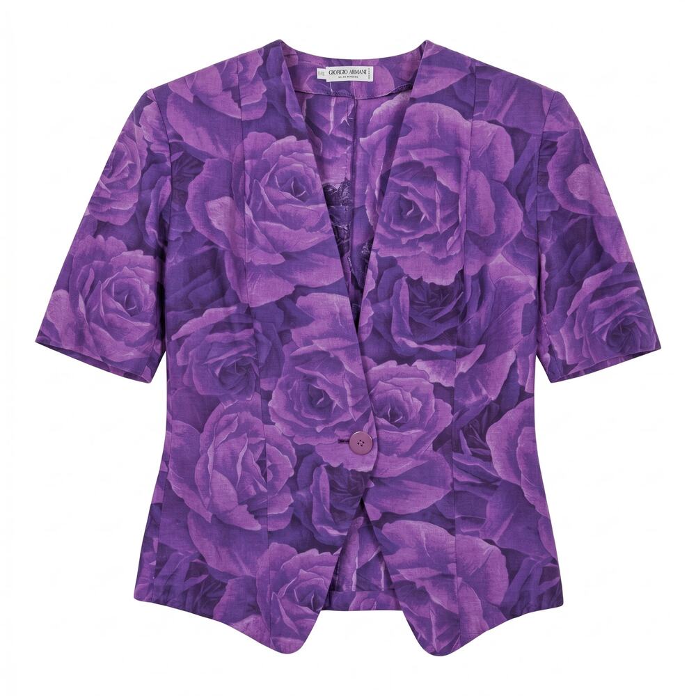 Vintage Giorgio Armani Purple Rose Print Short Sleeve Fitted Jacket